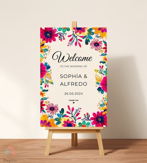 This invitation is the perfect addition to your vibrant and festive wedding celebration. The Colorful Mexican Wedding Welcome Sign features a stunning array of bright and bold florals inspired by traditional Talavera tiles, bringing a lively and joyous atmosphere to your special day. TRY BEFORE YOU PURCHASE Copy the link and paste it into your browser. DEMO Link: https://www.canva.com/design/DAGKHblGc-8/8TxvnD1Bj4f3T5noehsSzA/view?utm_content=DAGKHblGc-8&utm_campaign=designshare&utm_medium=link& Spanish Style Wedding Decorations, Wedding Mexican Theme, Mexican Welcome Signs, Frida Kahlo Wedding Inspiration, Mexican Wedding Decor, Spanish Wedding Welcome Sign, Bright Color Wedding Theme, Colourful Wedding Welcome Sign, Mexican Wedding Ideas