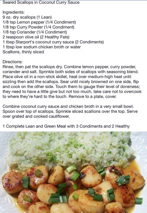 Seared Scallops in Coconut Curry Sauce Dried Scallops, Coconut Curry Sauce, Green Meals, Seared Scallops, Sample Meal Plan, Lean Meals, Lean And Green Meals, Scallops Seared, Curry Sauce