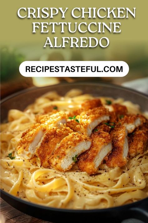 Indulge in this delicious Crispy Chicken Fettuccine Alfredo, featuring golden-brown chicken cutlets served over creamy fettuccine pasta. Perfect for a family dinner or a special occasion! Crispy Chicken Alfredo Recipe, Fettucini Alfredo Chicken, Chicken Fettucine, Chicken Alfredo Fettuccine Recipe, Fettucini Alfredo, Chicken Fettuccine Alfredo, Chicken Fettuccine, Chicken Alfredo Recipes, Chicken Alfredo Pasta