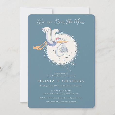 Dumbo Baby Shower Ideas, Dumbo Baby Shower Theme, Baby Dumbo, Stork Baby Showers, Blue Baby Shower Invitations, Disney Baby Shower, Moon Baby Shower, Moon Blue, Baby Mine