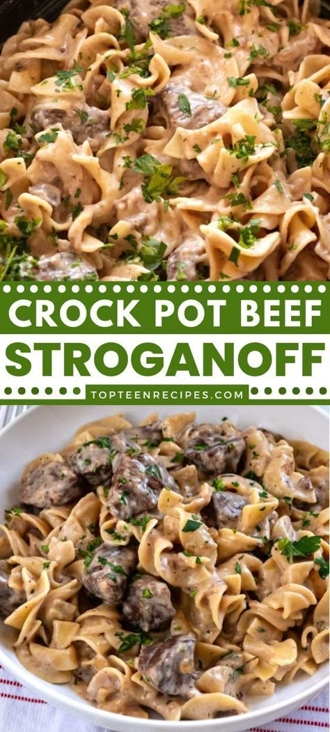 Crockpot Beef Stroganoff is a tender morsel of beef that has been slow-cooked in the most delicious creamy gravy easily made using sauteed onions and garlic, mushrooms, beef broth, red wine, and heavy cream. All of this is spooned over freshly cooked egg noodles for the most fantastic, hearty, and filling meal. Follow the instructions and make this easy crockpot Beef Stroganoff for dinner tonight. Crockpot Beef Stroganoff No Mushroom, Group Crockpot Meals, Beef Stroganoff In Crockpot, Easy Crockpot Beef Stroganoff, Recipes Using Heavy Cream, Crockpot Stroganoff, Crock Pot Stroganoff, Beef And Noodles Crockpot, Crock Pot Beef Stroganoff