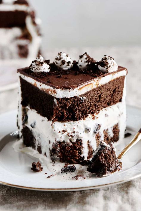 This vegan ice cream cake is a moist and fluffy chocolate cake layered with dairy free ice cream! Made without eggs or dairy, it's easily customizable and sure to impress! Vegan Ice Cream Cake Recipe, Dairy Free Ice Cream Cake, Homemade Vegan Ice Cream, Vegan Ice Cream Cake, Vegan Frozen Dessert, Dairy Free Vanilla Ice Cream, Best Vegan Ice Cream, Healthy Bakes, Chocolate Ice Cream Cake