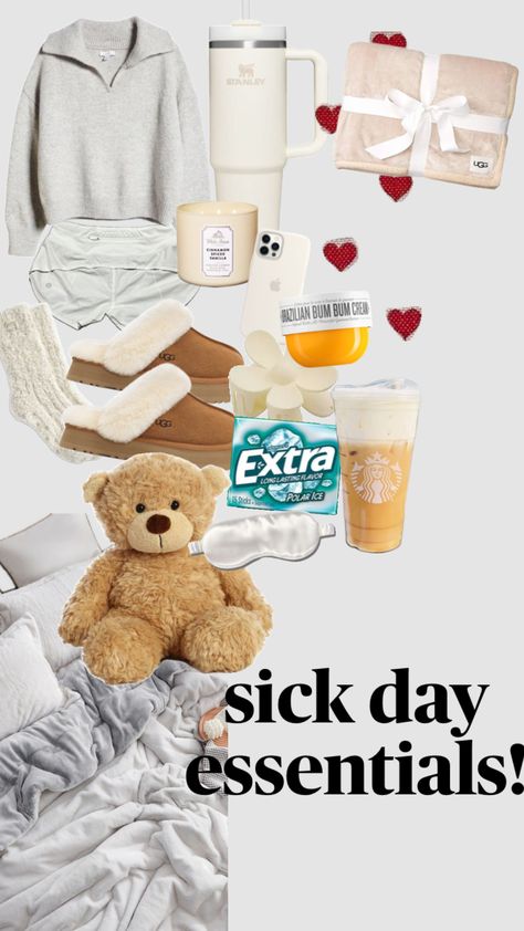 sick day essentials! Sick Day Outfit, Sick Day Essentials, Room Checklist, Sick Day, Cute Pjs, What To Do When Bored, Crazy Day, Im Sick, Cold Remedies