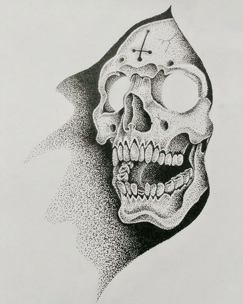 Skull Dotwork, Stippling Tattoo, Dotwork Tattoo Mandala, Wörter Tattoos, Stippling Art, Skull Art Drawing, Skulls Drawing, Tattoo Stencil Outline, Dark Art Tattoo