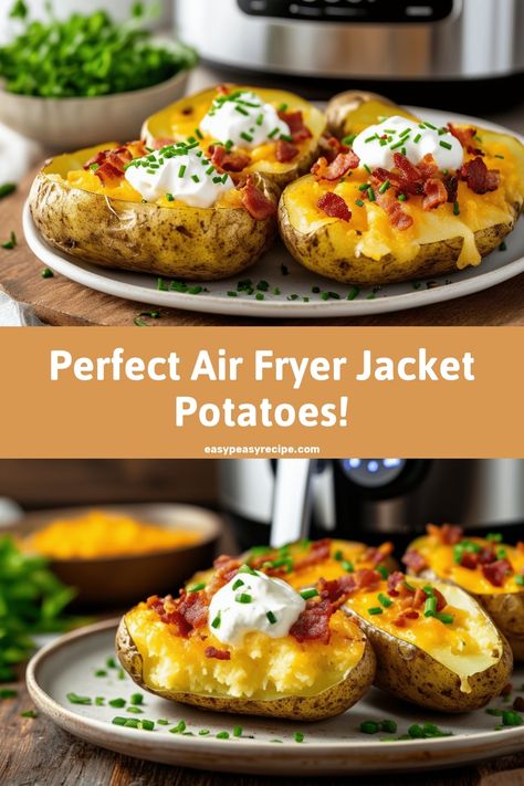 Crispy jacket potatoes topped with cheese, bacon, sour cream, and chives made in an air fryer, served on a white plate. Airfryer Jacket Potato, Jacket Potato In Air Fryer, Air Fryer Jacket Potatoes, Jacket Potato Recipes, Jacket Potato Recipe, Easy Airfryer, Potatoes Crispy, Jacket Potatoes, Easy Zucchini Recipes