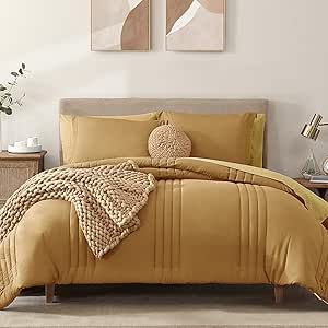 Monbix Queen Comforter Set - 7 Pieces Desert Yellow Bed in a Bag Queen Bedding Sets with Comforters, All Seasons Down Alternative Comforter Bed Set with Sheets, Pillowcases & Shams Yellow Bedding Sets, Striped Comforter, Yellow Bed, Full Size Comforter Sets, King Size Comforter, Full Size Comforter, Full Comforter Sets, Queen Size Comforter Sets, King Size Comforter Sets