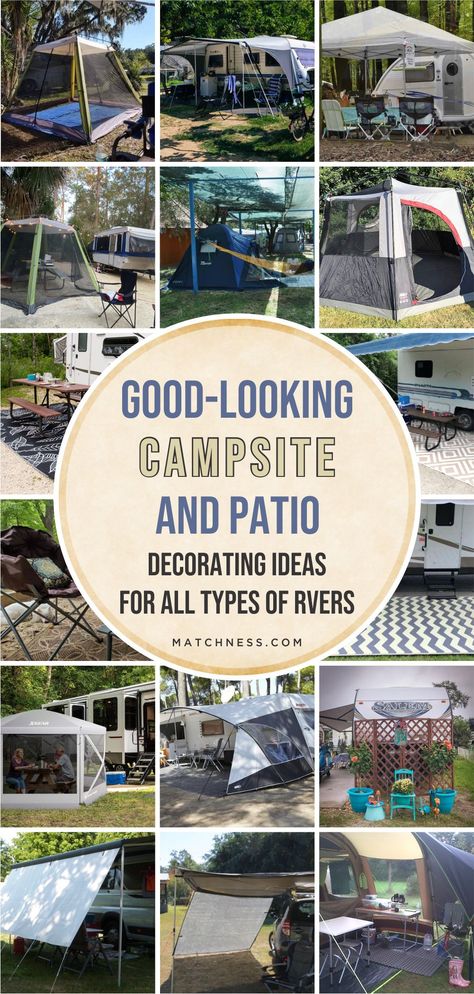 Rv Patio Deck Ideas, Campsite Decor Ideas, Camping Yard Ideas, Campsite Design, Camper Patio Ideas Campsite, Small Campsite Ideas, Trailer Patio Ideas, Outdoor Camping Decor Ideas, Outdoor Rv Space