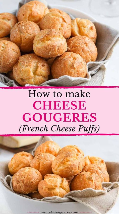 This easy classic Cheese Gougeres recipe (French Cheese Puffs) make the best appetiser, canape or finger food for a fancy cocktail party, holidays and wine tasting nights. Packed with Gruyere Cheese, these savoury choux buns are super light and airy. These gruyere puffs can be enjoyed on their own or stuffed with your favourite savoury filling. Cheese Gougeres, French Cheese Puffs, Gougeres Recipe, Smoked Salmon Mousse, Cheese Puffs Recipe, Choux Buns, French Baking, Bite Size Food, Puff Recipe