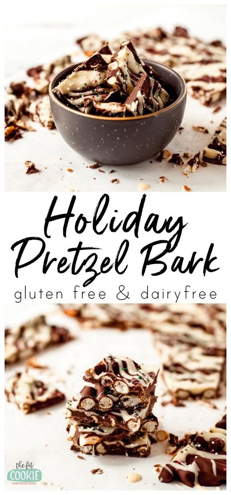 Our gluten free and dairy free Holiday Chocolate Pretzel Bark perfectly combines sweet, salty, crunchy, and creamy into one delicious treat. This makes a great homemade gift, and it's vegan and top 8 free as well! | thefitcookie.com #glutenfree #dairyfree #top8free #vegan #candy #chocolate #christmas #holiday Vegan Christmas Bark, Gf Christmas Desserts, Chocolate Pretzel Bark, Gluten Free Christmas Treats, Gluten Free Christmas Desserts, Gluten Free Christmas Recipes, Pretzel Bark, Vegan Candy, Gluten Free Christmas Cookies