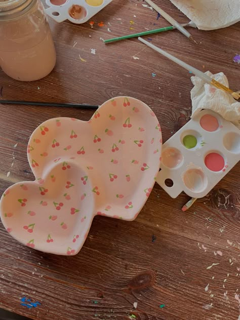 Minimal Pottery Painting, Pottery Painting Small Bowl, Pottery Painting Aesthetic Ideas, Pottery Painting Strawberries, Color Me Mine Inspo Easy, Pottery Painting Ideas Cherry, Heart Bowl Pottery Painting, Painting Pottery Plate, Girly Pottery Painting