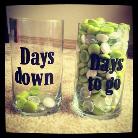 Countdown idea. I like this idea because oftentimes it is encouraging to see how may days you've made it so far! - Charity Deployment Countdown, Countdown Ideas, Military Wife Life, Army Wife Life, Marines Girlfriend, Deployment Care Packages, Welcome Home Parties, Military Deployment, Marine Wife