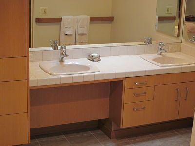 roll under handicap double vanity - Google Search 1800 Bathroom, Universal Design Bathroom, Bathroom Rehab, Barrier Free Design, Bathroom Double Sink, Mom Bathroom, Ada Sink, Dual Vanity, Accessible House