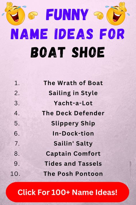 Looking for funny boat shoe names? Check out our list of top 100+ funny boat shoe name ideas in our blog post! Funny Boat Names, Shoe Names, Best Boat Shoes, Funny Boat, Smart Blinds, Boat Humor, Shoes Names, Boat Names, Best Boats