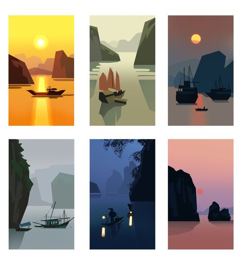 Geometric Art Illustration, Procreate Concept Art, Environment Poster Design, Light Illustration Art, Poster Colour Art, Night Reference, Ha Long Bay Vietnam, 심플한 그림, الفن الرقمي