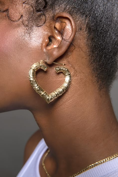 10K Yellow Gold 2" Heart Shaped Bamboo Hoop Earrings Lightweight for all day wear 10K Gold fortified snap bar closure keeps these babies securely closed' Engraved with the affirmation "MM Luvs U" Charged in signature crystal grid and infused with Reiki for generational blessings (click for custom crystal grid charging and intuitively focused Reiki ) Order processing time for in stock items will vary from 2-5 days. Generational Blessings, Black Owned Jewelry, Gold Bamboo Earrings, Xoxo Jewelry, 2024 Jewelry, Dope Jewelry Accessories, Earrings Outfit, Bamboo Hoop Earrings, Small Gold Hoop Earrings