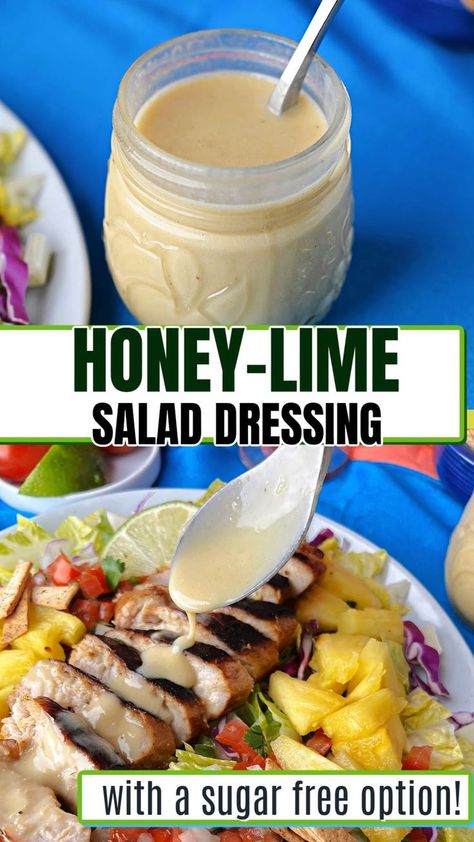 a jar of honey lime dressing, and a spoon drizzling the dressing onto a salad. Asian Lime Dressing, Cheddars Honey Lime Dressing Recipe, Honey Lime Salad Dressing, Sugar Free Salad Dressing, Diy Salad Dressing, Homemade Dressing Recipe, Lime Salad Dressing, Honey Lime Vinaigrette, Lime Salad