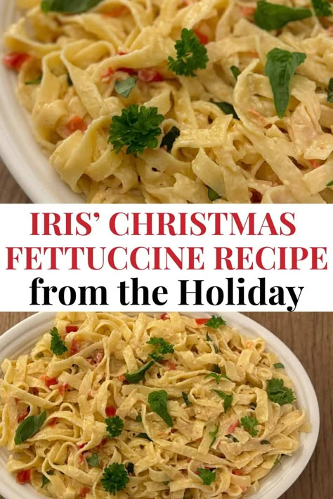 Make Iris’ Christmas Fettuccine from The Holiday this Christmas Eve! A creamy pasta with hints of tomato, basil, and white wine, perfect for a festive, cozy meal. Ready in just 30 minutes! #ChristmasDinner #HolidayRecipes #TheHoliday Christmas Fettucine The Holiday, Christmas Eve Fettuccine, Christmas Alfredo, New Years Pasta, Christmas Eve Pasta Dishes, Christmas Fettucine, Christmas Fettuccine, Nigella Recipes, Movie Nights At Home