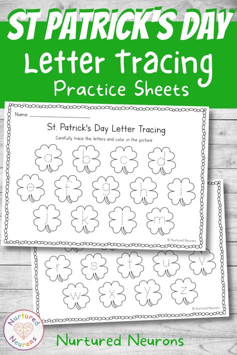 Here's a St Patrick's Day letter tracing worksheet - a great way for your children to practice their letter formation. Simply print it off, give them a pencil or some crayons and encourage them carefully trace over the letters within the lucky shamrocks - then when they've finished, they can color it in (for some reason I'm predicting a lot of green). Print them off over at Nurtured Neurons! #stpatricksday #stpatricksdaylearning #lettertracing #preschoolworksheets #kindergartenworksheets Writing The Alphabet, Prewriting Worksheets, Worksheet Kindergarten, Prewriting Skills, Worksheet Preschool, Abc Tracing, Preschool Tracing, Alphabet Kindergarten, Letter Tracing Worksheets