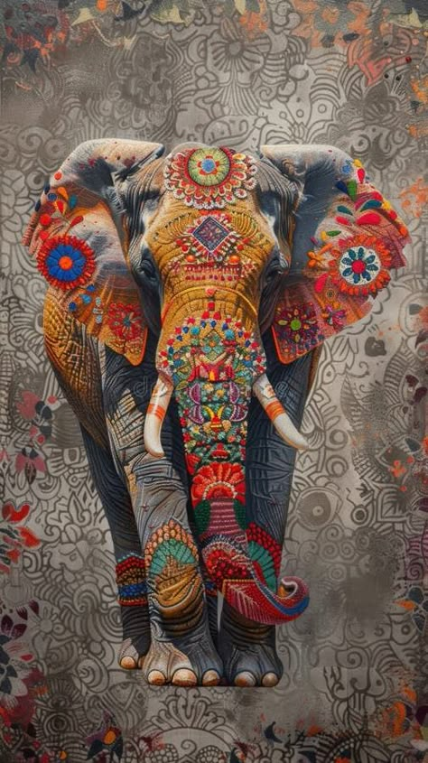 Colorful elephant with intricate traditional Indian designs on a textured background. Cultural art and heritage concept stock photos Indian Elephant Art, Concept Advertisement, Mughal Art Paintings, Indian Designs, Illustration Art Kids, Cultural Art, Pillar Design, Mughal Art, Colorful Elephant