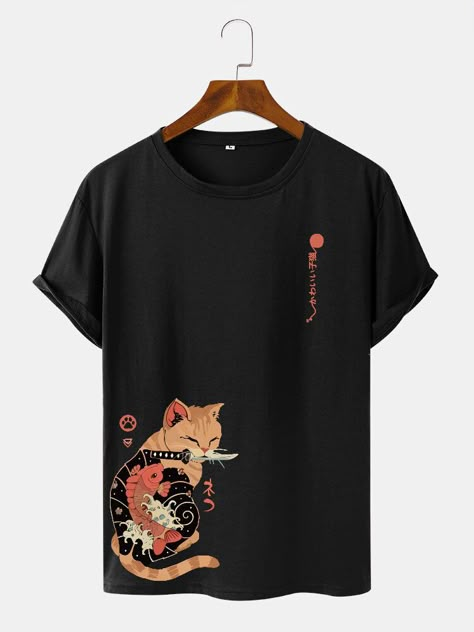 T Shirt Cat Design, Japanese T Shirt Design, Minimalistic Streetwear, Cool Shirt Designs, Tshirt Design Ideas, Trendy Shirt Designs, Tshirt Printing Design, Japanese Cat, Tshirt Printing