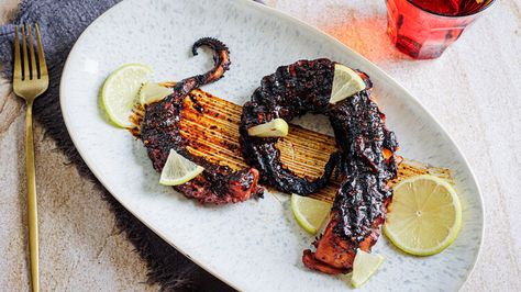 Mexican-Inspired Grilled Octopus And Ancho Salsa Recipe Ancho Salsa, Thai Red Chili, Octopus Recipes, Michelin Restaurant, Ancho Chili, Grilled Octopus, Mexican Spices, Homemade Salsa, Tasting Table