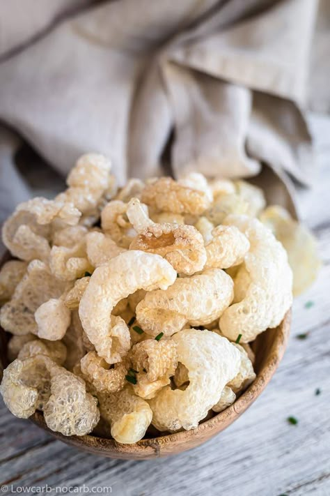 Pork Rinds made in an Air Fryer is a perfect idea to make a great Puffy and Curly Keto Snack with your movie night. This ever so popular 0 carb substitution is greatly used in a low carb cuisine instead of your regular breadcrumbs. Fully Gluten-Free and Grain-Free full of collagen, this is a genius food choice to enjoy our lifestyle. #keto #lowcarb #porkrinds #cracklings #crunchy #ketosnack #glutenfree #grainfree #diabetesfriendly #airfryer #chicharrones #porkcracklings #collagen Chicharrones Recipe Air Fryer, Air Fryer Chicharrones, Veg Noodles Recipe, Pork Rind Recipes, Pork Belly Recipes Crispy, Healthy Pork Recipes, Keto Bagels, Making Fried Chicken, Salt Pork