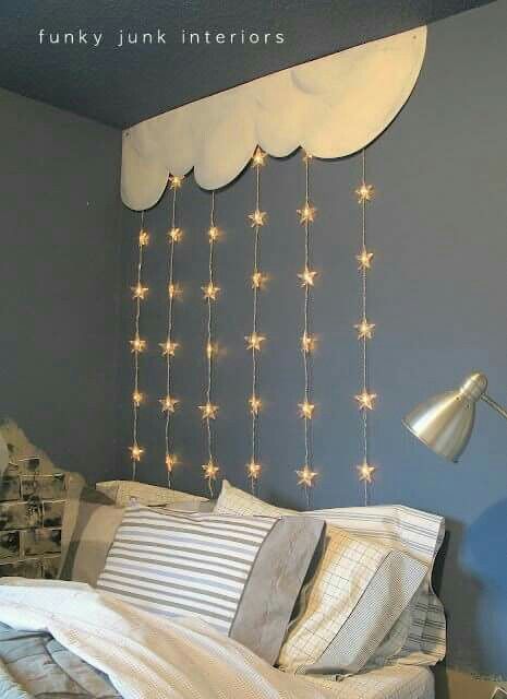 Bedroom Lights Above Bed, Diy String Lights, Funky Junk Interiors, Diy Headboards, Diy Headboard, Outdoor Christmas Lights, Funky Junk, Bedroom Headboard, Decor Minimalist