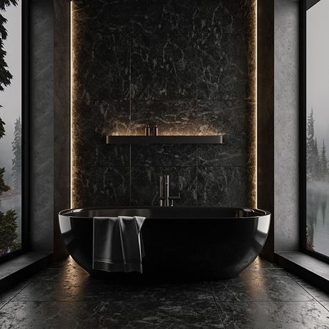 All Black Bathroom Ideas, Black Luxury Bathroom, Moody Bathroom Ideas, Dark Modern Interior, Bathroom Ideas Dark, Dark Modern Bathroom, Bathroom Modern Luxury, All Black Bathroom, Black Bathroom Ideas