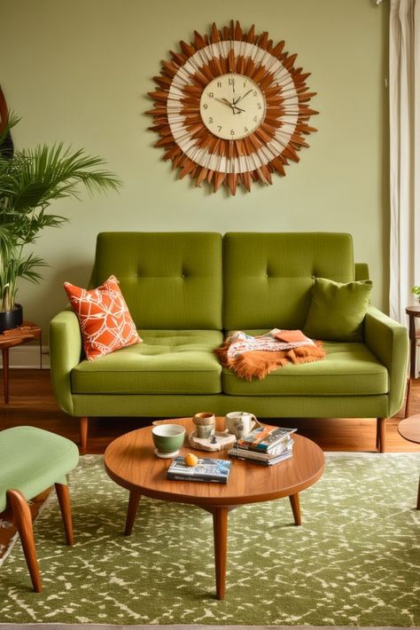 You’ll Love These 30 Green Couch Living Room Ideas – #5 Will Blow Your Mind – The Crafty Hacks Art Deco Decor Living Room, Mcm Couch, Green Couch Living Room Ideas, 2000s Home Decor, Green Couches, 2000s Home, Green Couch Living Room, Best Wall Colors, Mid Century Interior Design