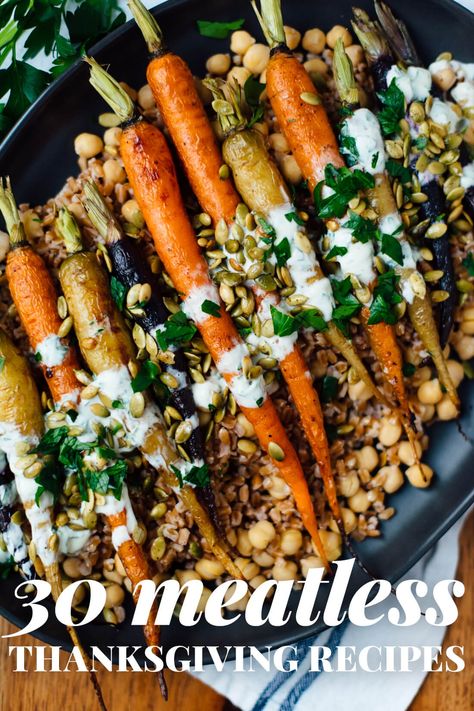 Browse 30 vegetarian recipes that would be welcome at any Thanksgiving table! You'll find delicious meatless main dishes, fresh sides, salads and soups. Potato Galette, Farro Recipes, Vegetarian Thanksgiving Recipes, Roasted Carrots Recipe, Vegetarian Thanksgiving, Meatless Main Dishes, Daucus Carota, Carrot Recipes, Think Food