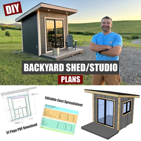 Diy Studio Shed, Diy Office Shed, Art Shed Ideas Backyard Studio, Office Sheds Backyard, Backyard Studio Shed, Metal Shingle Roof, Garden Office Shed, Sheds Ideas Backyard, Office Shed