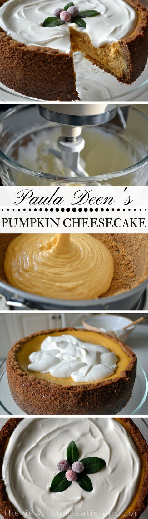 Paula Deen's Pumpkin Cheesecake ~ this mile high, super creamy cheesecake is a spectacular way to end a holiday meal! #cheesecake #pumpkincheesecake #bestcheesecake #recipe #PaulaDeen #cake #Thanksgivingdessert #Christmasdessert #holidaydessert Paula Deen Pumpkin Cheesecake, Pumpkin Pie Cheesecake, Savory Pumpkin Recipes, Pumpkin Cheesecake Recipes, Paula Deen Recipes, Best Cheesecake, Cheesecake Desserts, Holiday Meal, Creamy Cheesecake