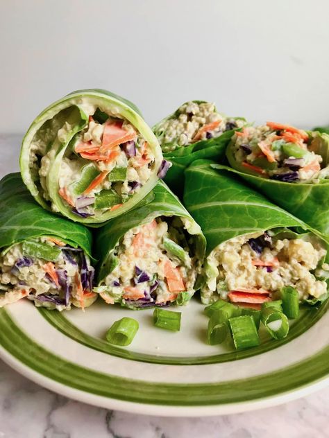 These collard green wraps are a great healthy meal. They are vegan, gluten-free, and oil-free. They have a delicious quinoa and chickpea filling with plenty of raw vegetables! #collardwraps #collardgreens Vegan Collard Greens, Healthy Gluten Free Dinner Recipes, Collard Wraps, Collard Green Wraps, Collard Green, Gluten Free Dinner Easy, Healthy Vegan Breakfast, Keto Vegan, Vegan Lunches