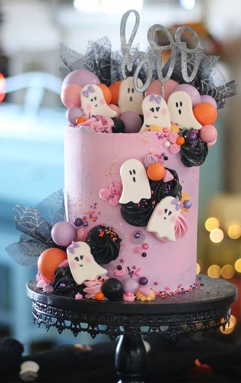 Halloween cake, Ghost cake, Halloween-Themed cake, Halloween birthday cake, Halloween cake pink, Cute Halloween cake, Halloween cake ideas Boo I’m Two Birthday Girl, Pink Halloween Birthday Cake, Pink Ghost Cake, Halloween Smash Cake, Halloween Cake Ideas, Cute Halloween Cakes, Spooky Cake, Halloween First Birthday, Halloween Birthday Cakes