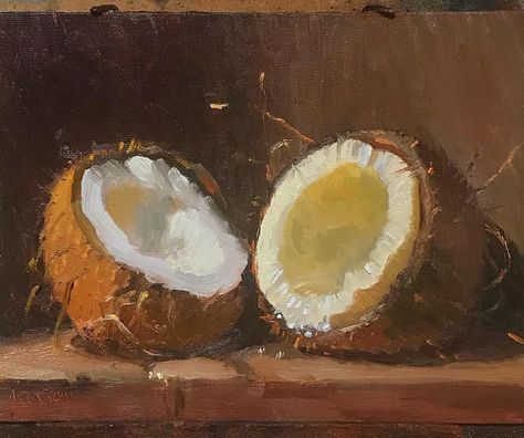 Coconut Oil Painting, Papaya Oil Painting, Coconut Still Life, Coco Painting, Fruit References, Coconut Drawing, Pantone Postcards, Coconut Painting, Zorn Palette