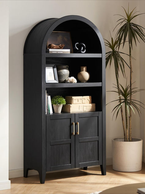 Lauren 65.4" Short Arched Cabinet, 5-Tier Arched Bookcase with Doors and Shelves Arched Bookshelf With Doors, Dark Academia Bookcase, Arched Bookshelf, Arched Bookcase, Bookshelf With Storage, Ethereal Decor, Raven Decor, Arched Cabinet, Bookcase With Doors