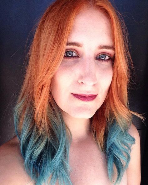 Copper teal ombre hair. red teal hair. Copper Hair With Blue Highlights, Ginger And Teal Hair, Copper And Teal Hair, Copper And Blue Hair, Red And Teal Hair, Teal Ombre Hair, Teal Hair Color, Red Ombre Hair, Blue Ombre Hair