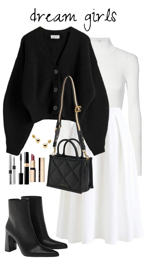 White Blouse Winter Outfit, Woolen Skirt Outfit Winter, Black Winter Shoes, Winter Inspo Outfits, Golden Earring, Capsule Wardrobe Casual, Leather Jacket Dress, Some Makeup, Winter Skirt Outfit