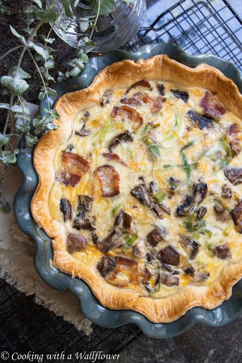 Bacon Mushroom Leek Quiche - Ask Anna Mushroom Leek Quiche, Creamy Quiche, Mushroom Leek, Leek Quiche, Brunch Quiche, Pie Crust From Scratch, Bacon Mushroom, Mushroom Quiche, Store Bought Pie Crust