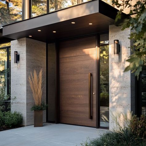 Houses Entrance Ideas, Exterior Side Door Entrance, Front Door Alcove Entrance, Vintage Front Door Ideas, Window Above Front Door, Door Design Color, Modern Front Door Design, Modern Front Door Ideas, Pivot Entry Door