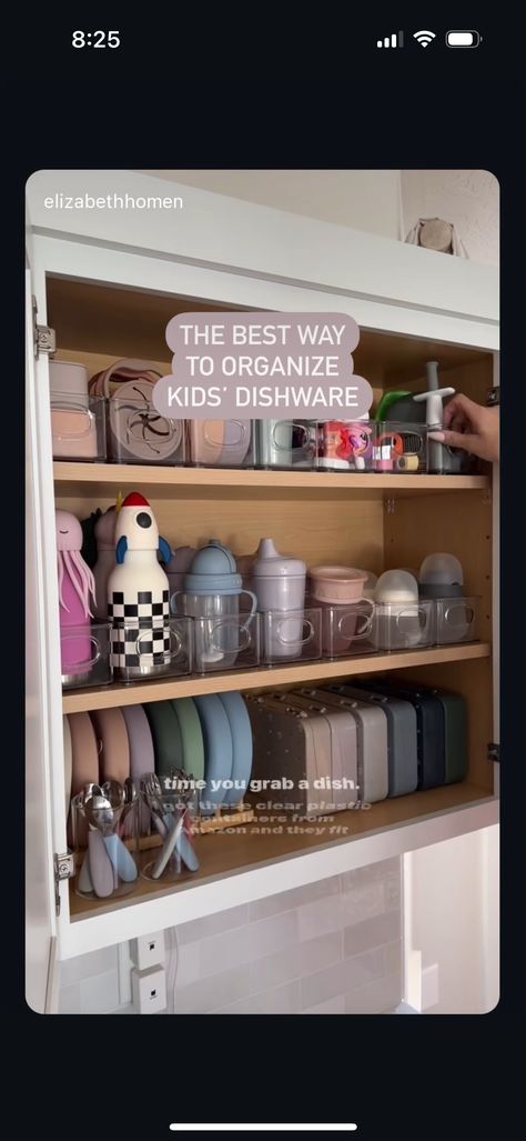 Kitchen Organization For Baby Stuff, Baby Station In Kitchen, Kids Plates And Cups Organization, Baby Formula Station In Kitchen, Baby Cabinet, Plate Organizer, Dish Organization, Kids Organization, Toddler Organization