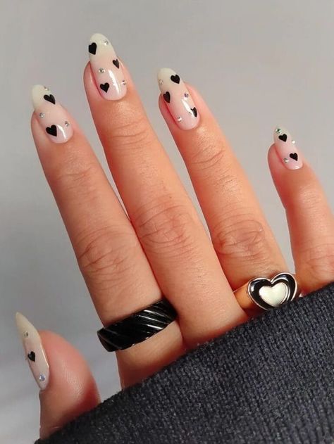 Tiny black hearts and rhinestones on milky nails Black And White Nail Designs, Black And White Nails, Black White Nails, Korean Nail Art, Milky Nails, Nails Now, White Nail Polish, Black Nail Designs, White Nail Designs