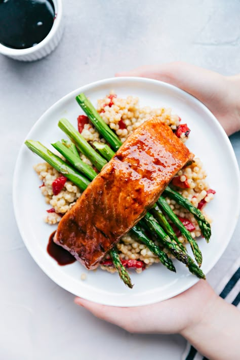 February is American Heart Month! Enjoy this sweet-spicy Tart Cherry Chipotle Glazed Salmon with asparagus couscous. Cherry Chipotle Glaze, Cherry Chipotle Glazed Salmon, Cherry Glazed Salmon, Asparagus Couscous, Salmon Couscous, Chipotle Salmon, Salmon With Asparagus, Best Salmon Recipe, Salmon Glaze Recipes