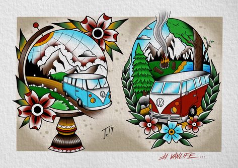 #vanlife #vantattoo #vwt1 #flashart #tattooflash #traditionaltattoo #oldschooltattoo #digitalart #procreate #wanderlust #van #oldlines #colortattoo #vacation #vacationtattoo Tattoo Car, Vw Art, Palm Tattoos, Palm Tree Tattoo, Dead Fish, Hippie Van, Tattoo Desings, Vw T1, School Tattoo