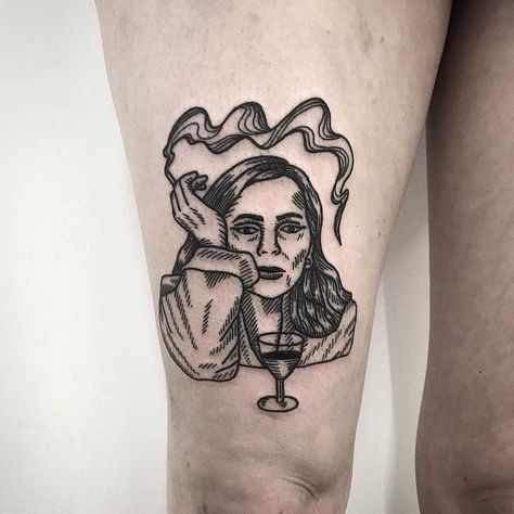 Woodcut style tattoo based on a painting of Joni Mitchell by Deborah Pow inked on the right thigh Woodcut Tattoo, Traditional Tattoo Inspiration, Knight Tattoo, Joni Mitchell, Pieces Tattoo, Joan Of Arc, Tattoo Flash Art, Black Ink Tattoos, Old School Tattoo