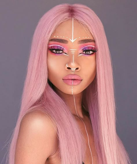 Edm Makeup Looks, Rave Make Up Looks, Pink Witch Makeup, Make Up Coachella, Pink Rave Makeup, Alien Makeup Pretty, Boho Festival Makeup, Rave Makeup Ideas, Alien Halloween Makeup