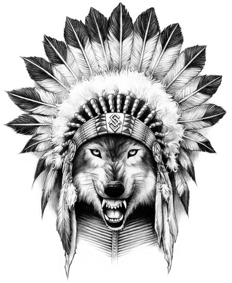 Secret Artist - Black Wolf on Behance Indian Headdress Tattoo, Western Diy, Indian Skull Tattoos, Headdress Tattoo, Indian Tattoos, Indian Wolf, Wolf Dreamcatcher, Catrina Tattoo, Native American Tattoos