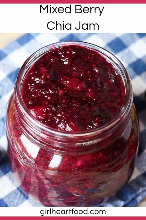 Berry Chia Jam, Blueberry Chia Seed Jam, Healthy Jam, Refrigerator Jam, Chia Jam Recipe, Chia Recipes, Mixed Berry Jam, Captain Crunch, Chia Seed Jam