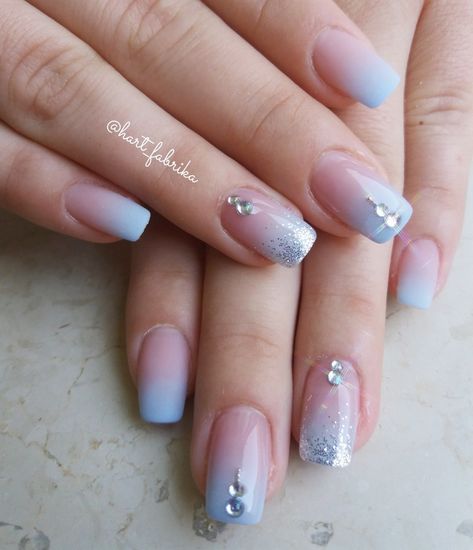 Pretty Ombre Nails Blue, Steel Blue Nails Wedding, Blue Umbra Nails, Ombre Nail Designs Blue, Bridal Nails Blue Accent, Blue Grey Ombre Nails, Dusty Blue Ombre Nails, Wedding Nails For Bride Dusty Blue, Dusty Blue Wedding Nails Bridesmaid