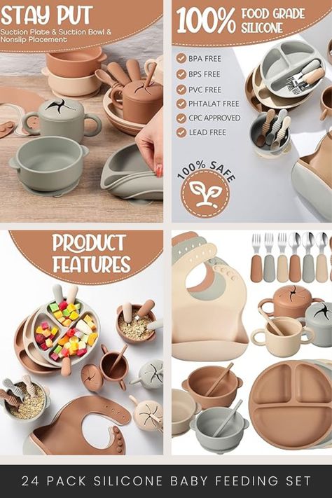 Silicone Baby Feeding Set: comes with 24 sets of silicone baby feeding set in 3 different colors of walnut color, beige, smoky gray, and each set contains a suction divided plate, a pair of spoons and forks, an adjustable silicone bib, a complementary food bowl, a snack cup, a silicone spoon, and a straw, which covers the basic utensils for baby food, helping your baby transition to self eating. Features: Microwave Boiling water disinfection Dishwasher #affiliatelink Silicone Feeding Set, Divided Plate, African Babies, Divided Plates, Baby Feeding Set, Snack Cups, Food Accessories, Baby Eating, Led Weaning